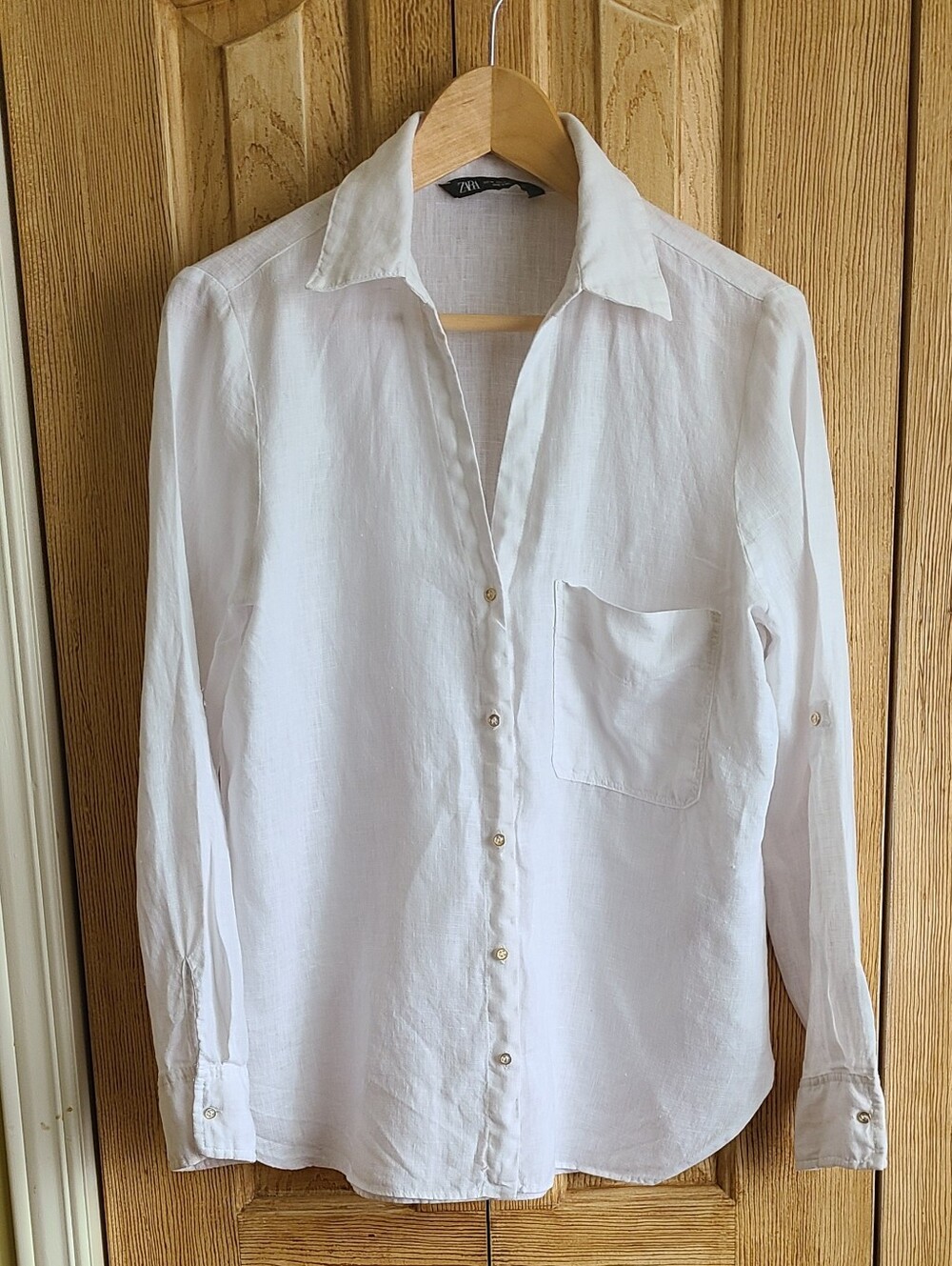 Zara White Long-Sleeve Button Front Blouse